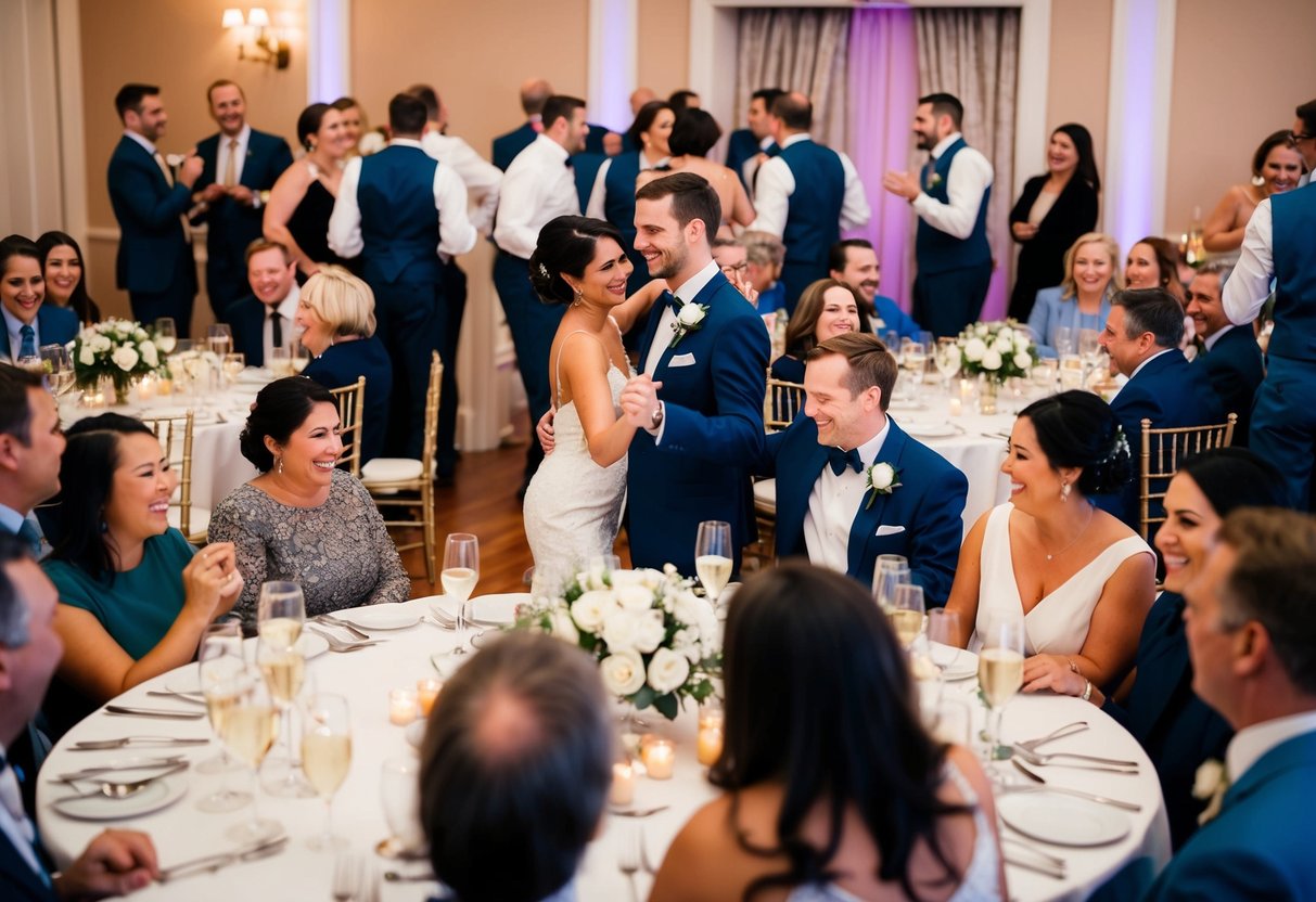 A group of guests gathered around tables, laughing and chatting, while a couple dances in the center of the room at a wedding celebration