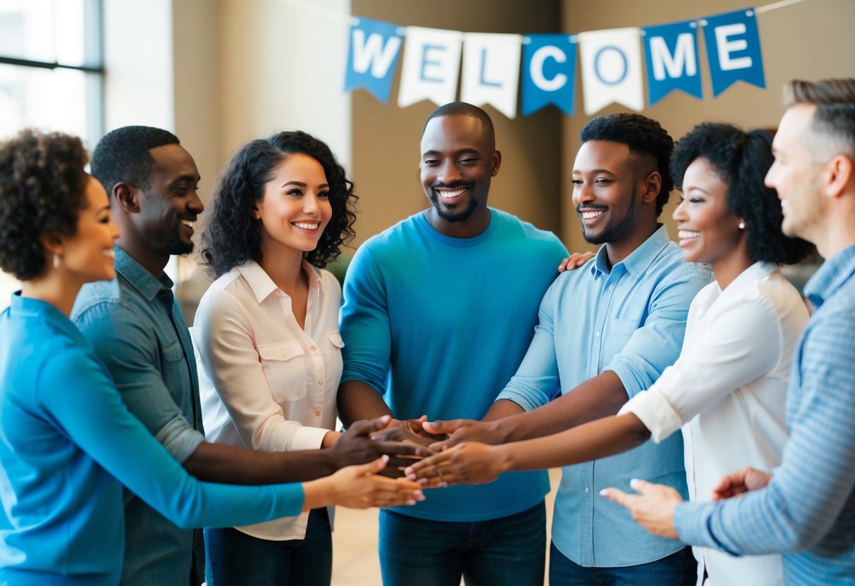A group of diverse people standing in a circle, smiling and gesturing warmly towards each other. A banner with the words "Welcome" hangs in the background