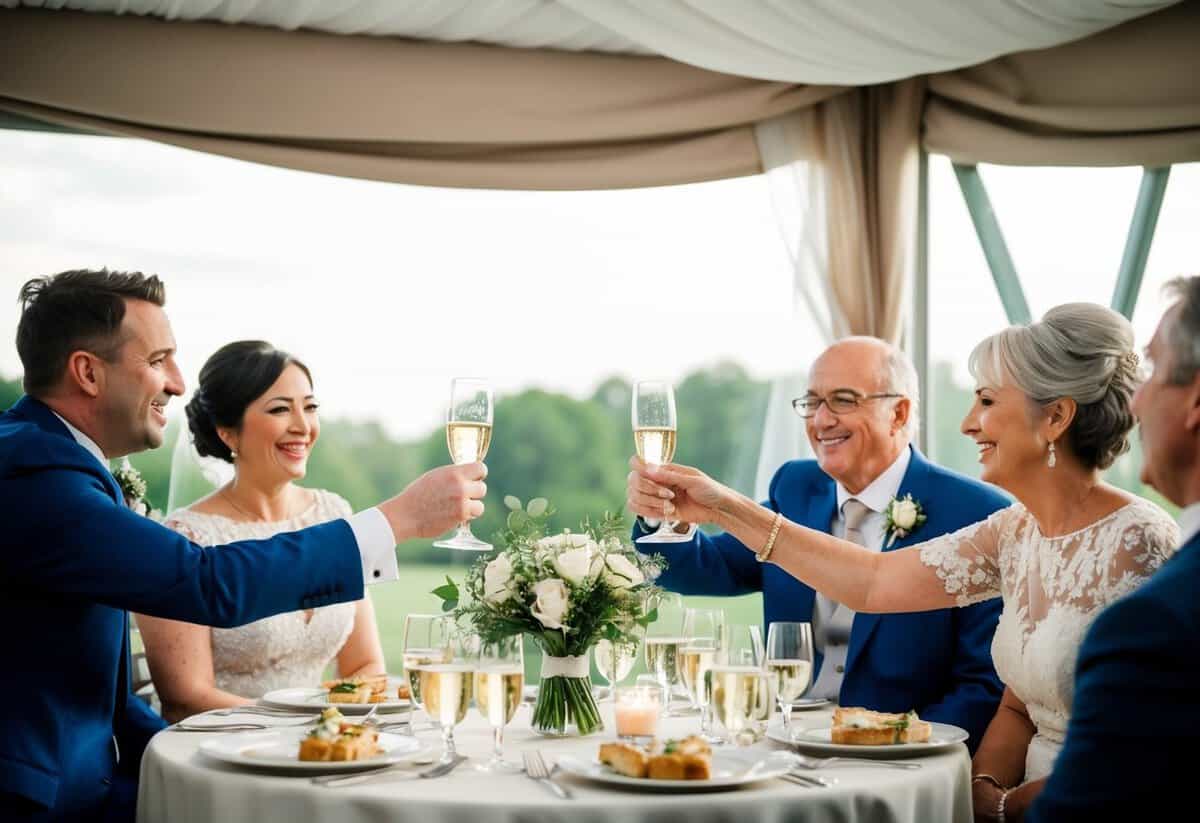 The groom's parents raise a toast, expressing pride and love, as they share heartfelt words about their son's journey and wish the couple a lifetime of happiness