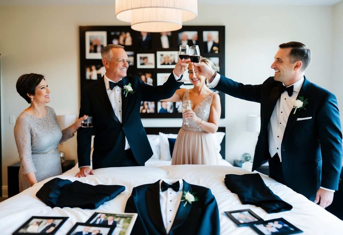 A proud couple raises a toast, surrounded by family photos and a tuxedo laid out on a bed