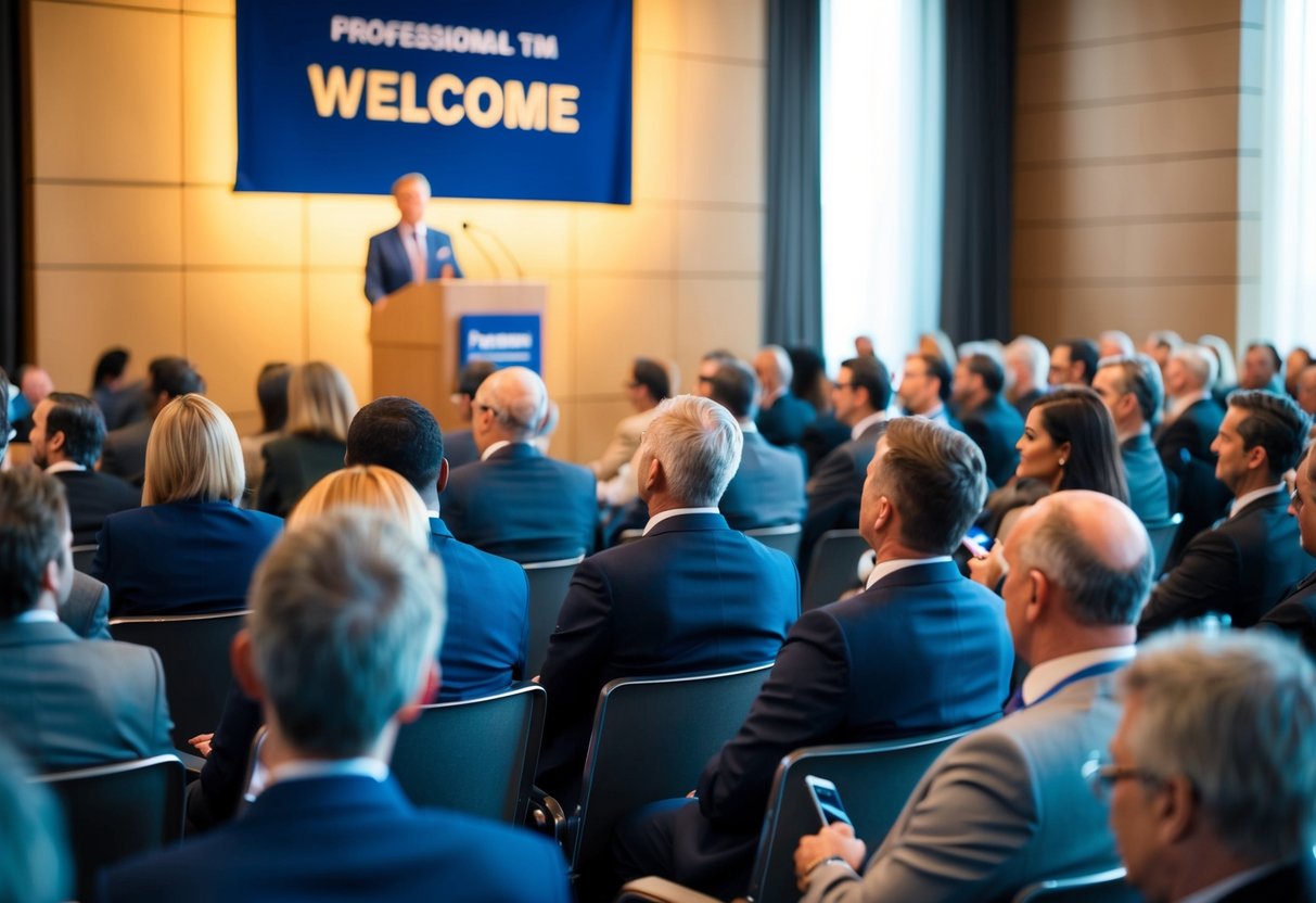 A podium with a microphone and a welcoming banner, surrounded by a diverse audience seated in a conference hall