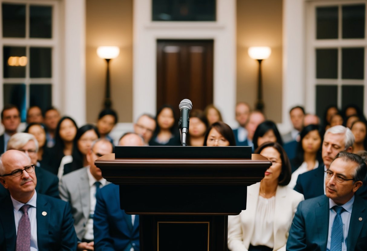 A podium with a microphone, surrounded by attentive listeners in a well-lit room