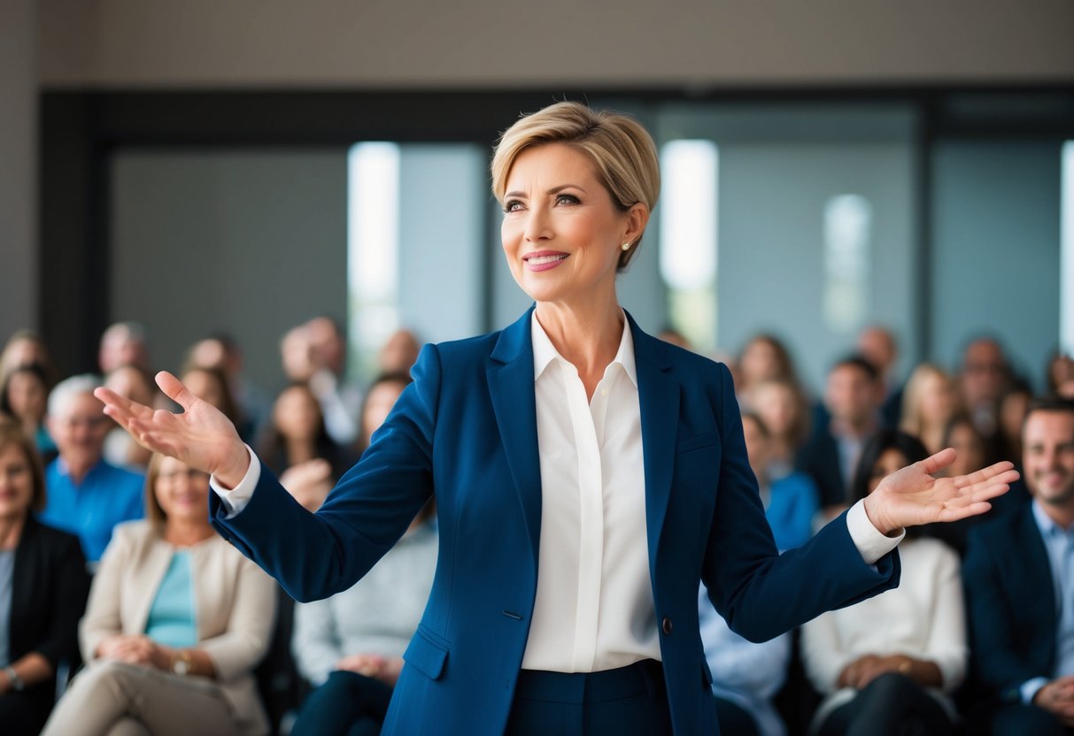 A person standing confidently in front of a small audience, making eye contact and gesturing warmly