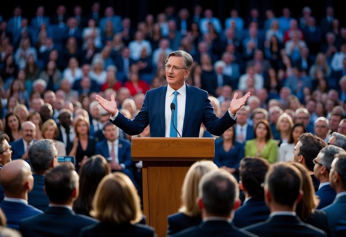 A person standing at a podium, surrounded by a captivated audience, gesturing confidently with open body language