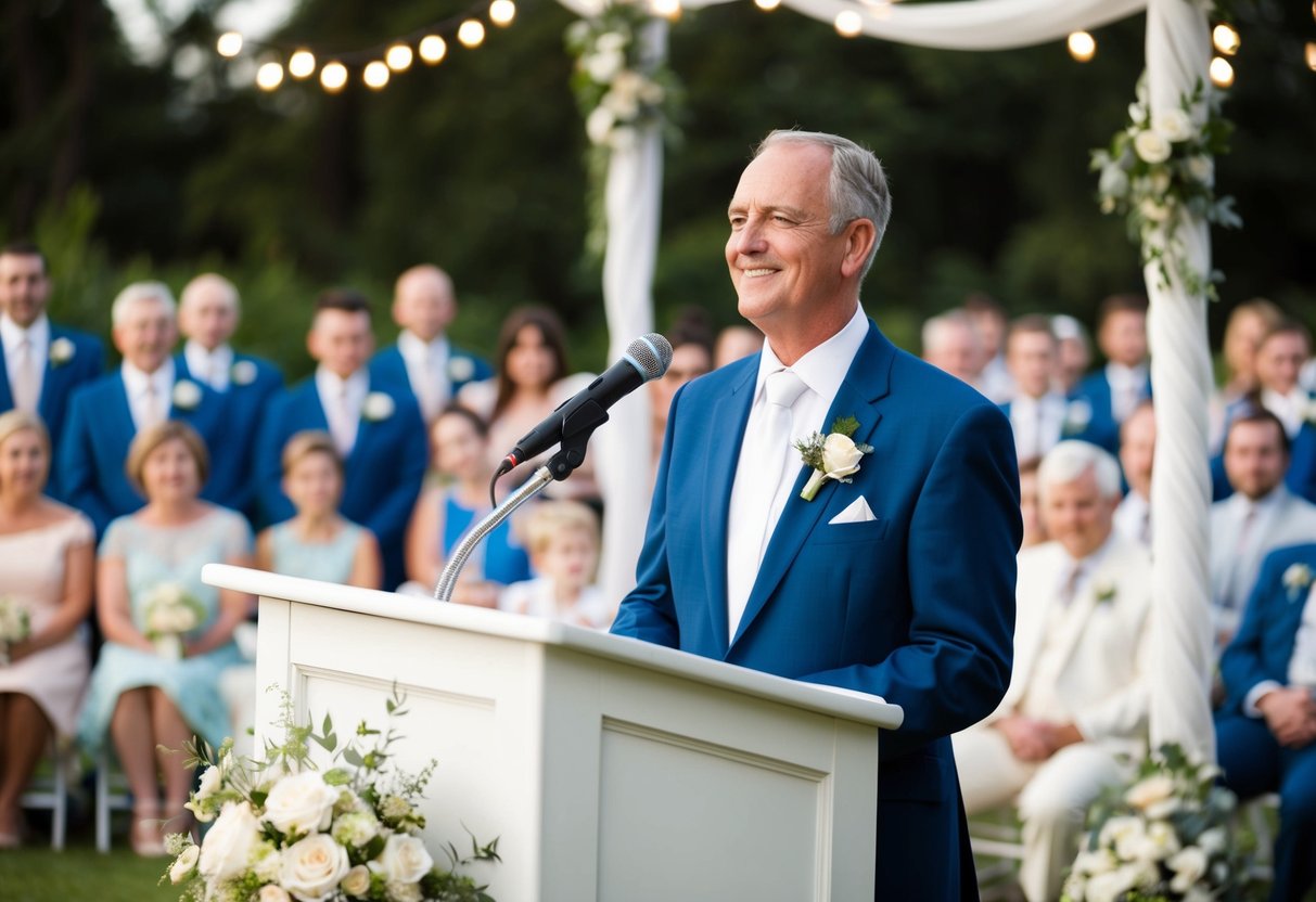 A father stands at a podium, surrounded by wedding decorations. He holds a microphone and looks out at the gathered guests with a warm smile