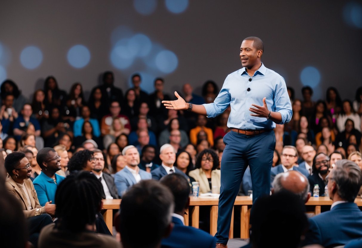 A person standing on a stage, confidently addressing a diverse and engaged audience. The speaker uses expressive gestures and maintains eye contact to captivate the crowd