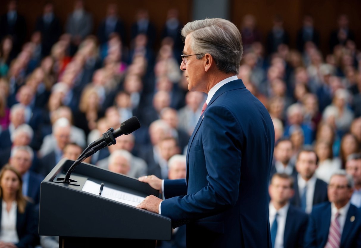 A person standing behind a podium, facing a crowd, clearing their throat and preparing to speak