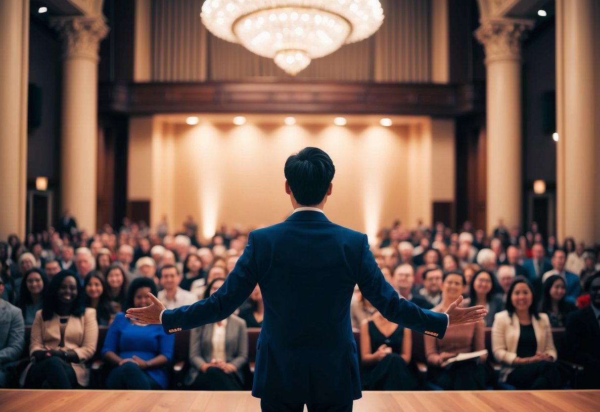 A person standing on a stage, facing a diverse audience with open body language and a warm smile. The backdrop is a grand, ornate auditorium with soft, warm lighting