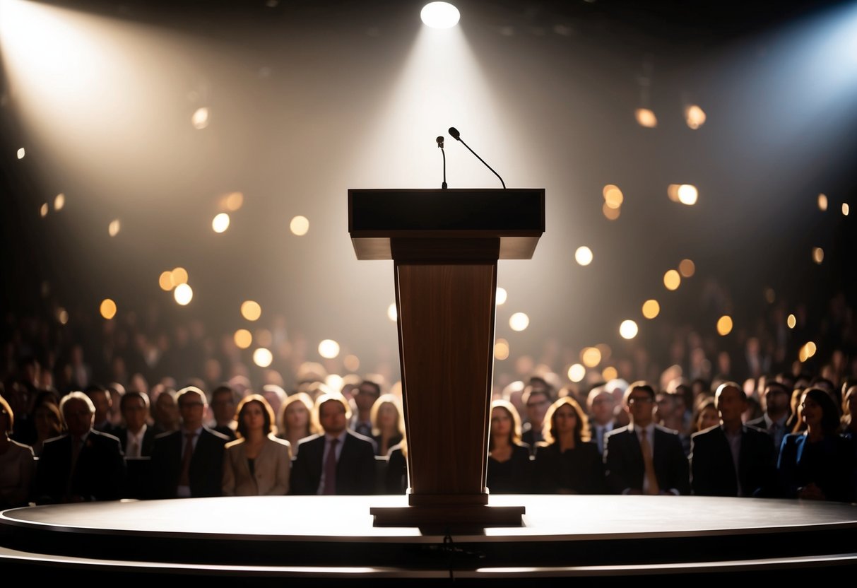 A podium stands center stage, bathed in a spotlight, surrounded by a hushed audience