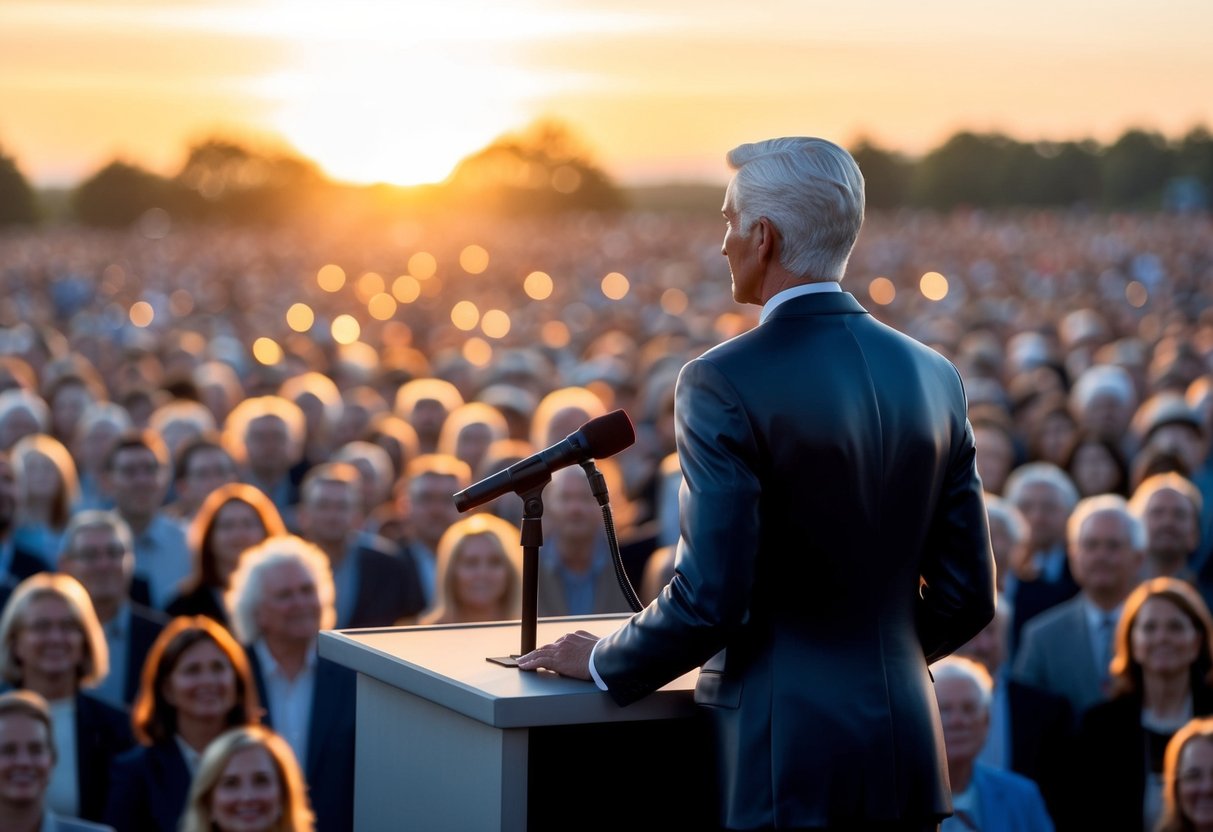 A figure stands at a podium, gazing out at a sea of faces. The sun sets behind them, casting a warm glow over the crowd