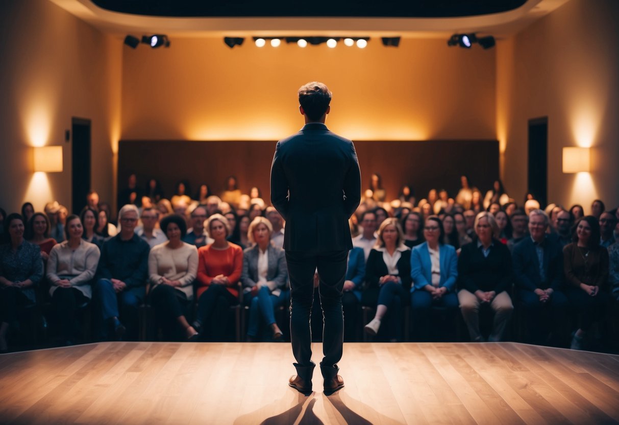 A person standing alone on a stage, surrounded by a warm, dimly lit room filled with attentive listeners