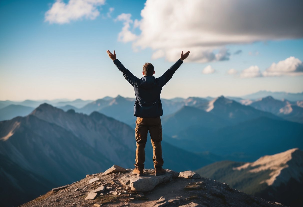A figure standing on a mountaintop, arms outstretched towards the sky with a sense of determination and contemplation