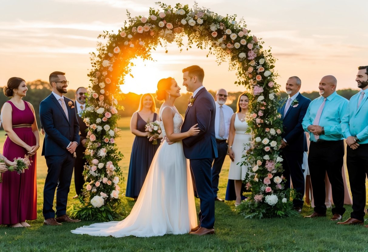 A couple stands beneath a floral arch, surrounded by friends and family. The sun sets behind them, casting a warm glow over the scene