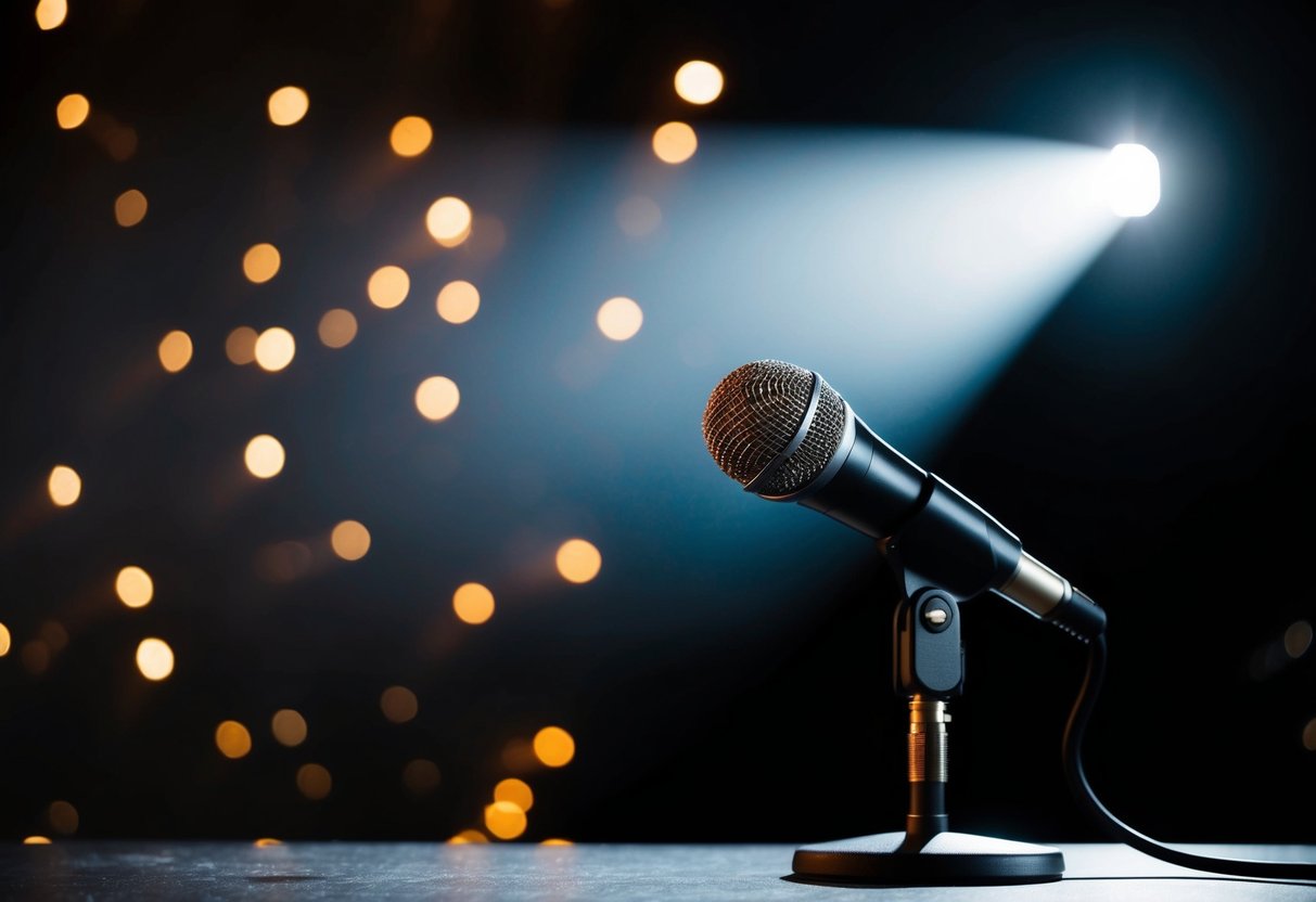 A spotlight shining on a lone microphone on a dark stage