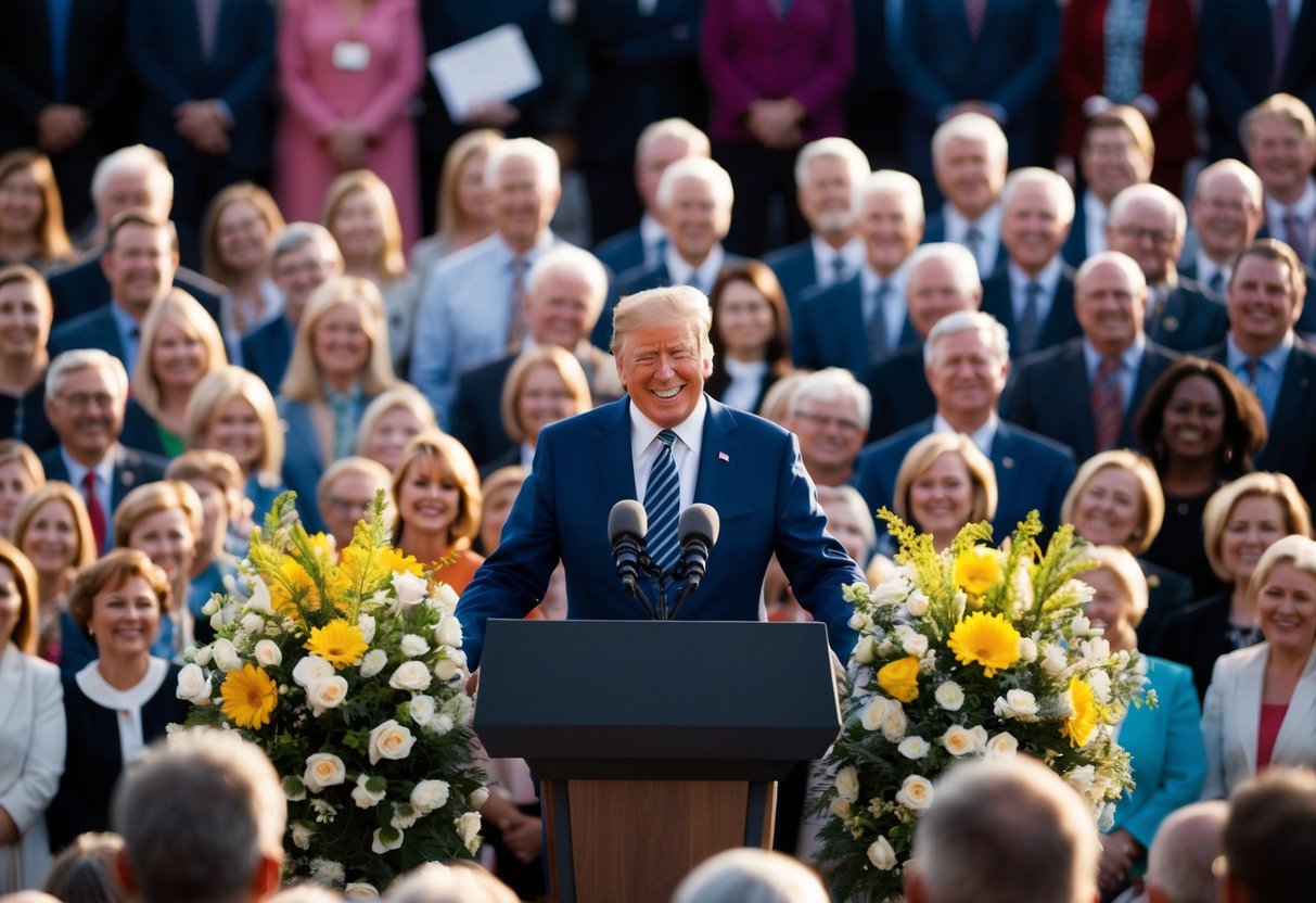 A figure stands at a podium, surrounded by flowers and smiling faces, addressing a gathered crowd
