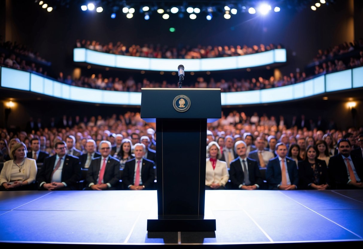 A podium with a microphone, surrounded by a large audience in a dimly lit auditorium