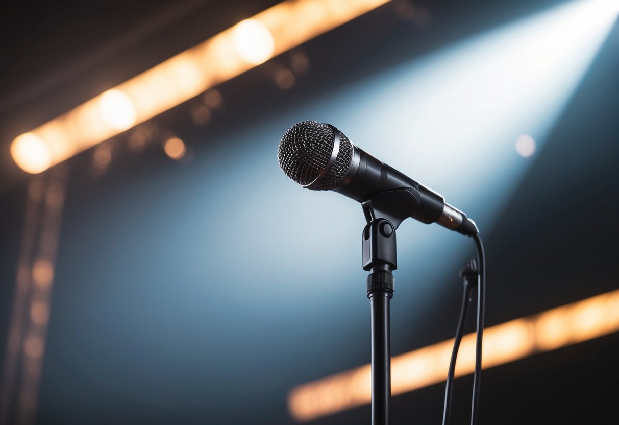 A spotlight shining on a microphone on a stage