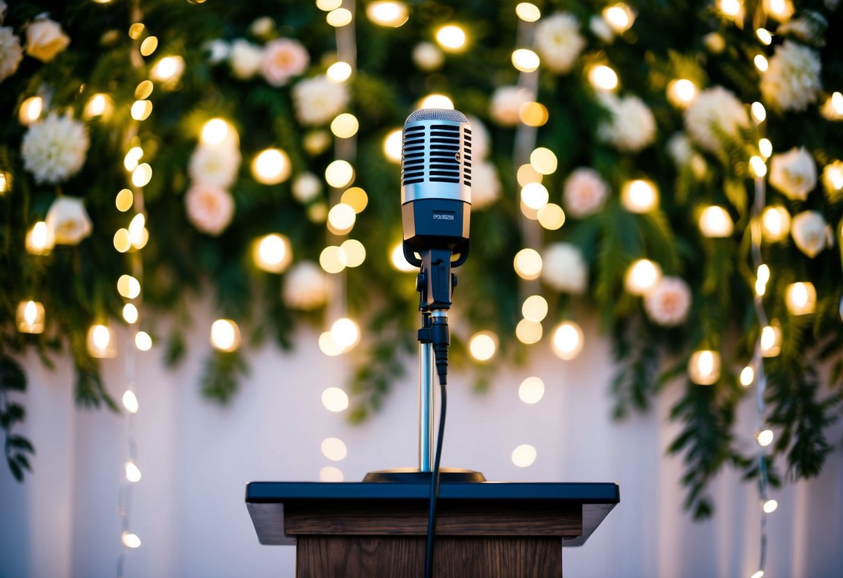 A microphone stands on a podium amidst floral decor and twinkling lights, ready for the traditional wedding speeches
