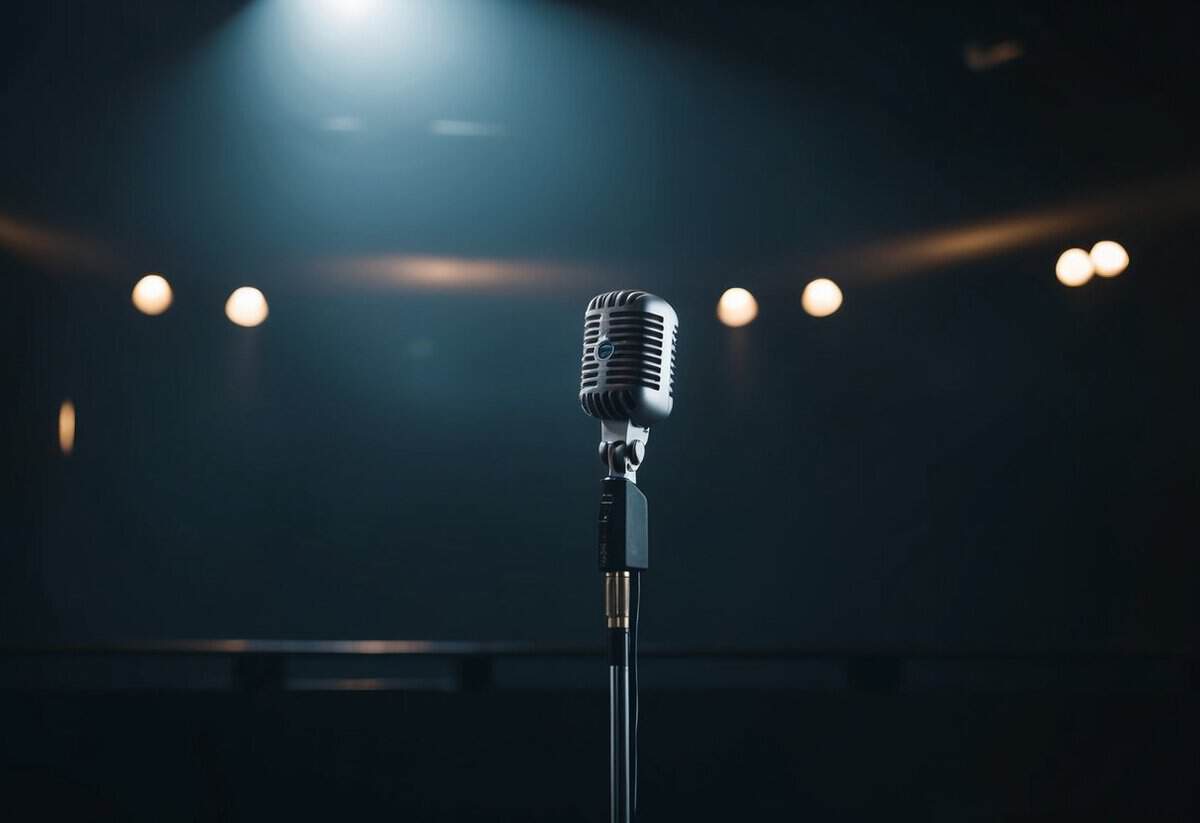 A spotlight shines on a lone microphone on a dark stage. The room is hushed, anticipation in the air