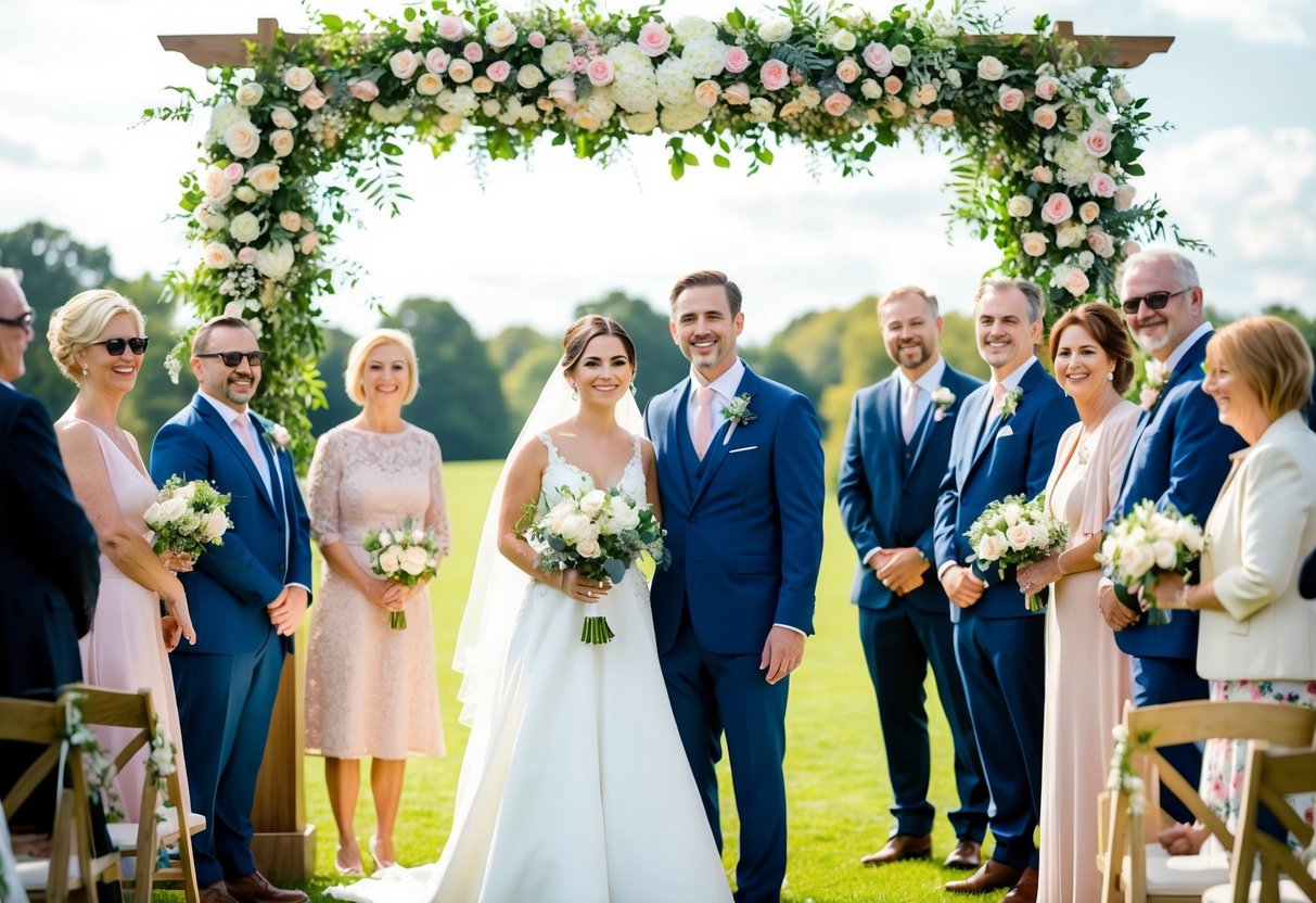 A bride and groom standing under a floral arch, surrounded by smiling guests and a beautiful outdoor setting