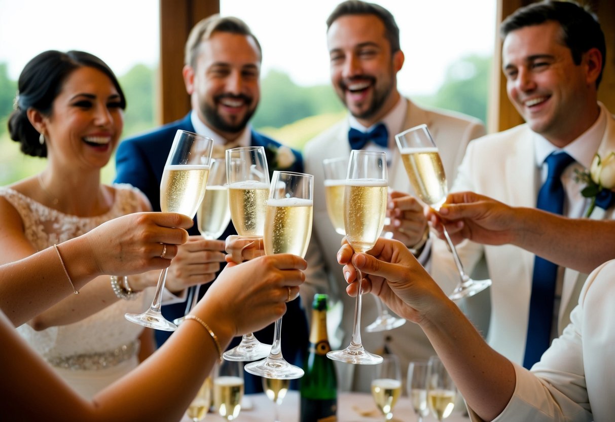 Glasses clinking, champagne flowing, and smiles all around as a joyful toast is made at the end of a wedding speech