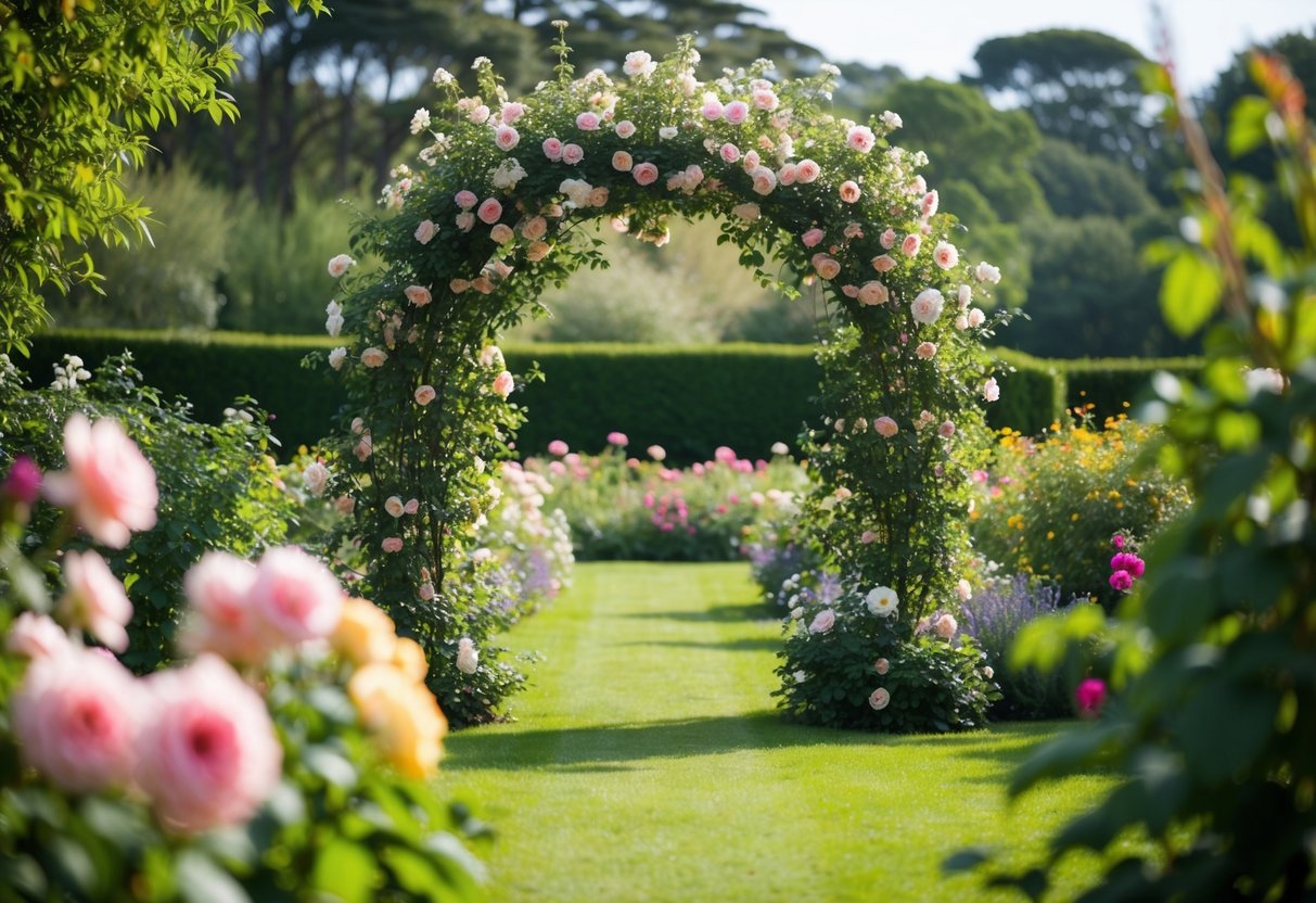 A serene garden setting with a blooming archway, surrounded by lush greenery and colorful flowers, with a gentle breeze carrying the sweet scent of roses