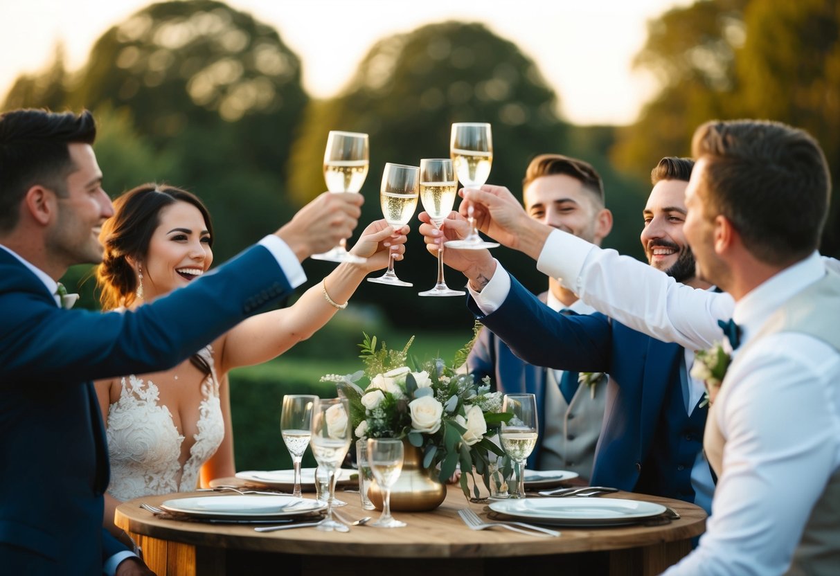 A group of friends raising their glasses in celebration at the end of a wedding speech