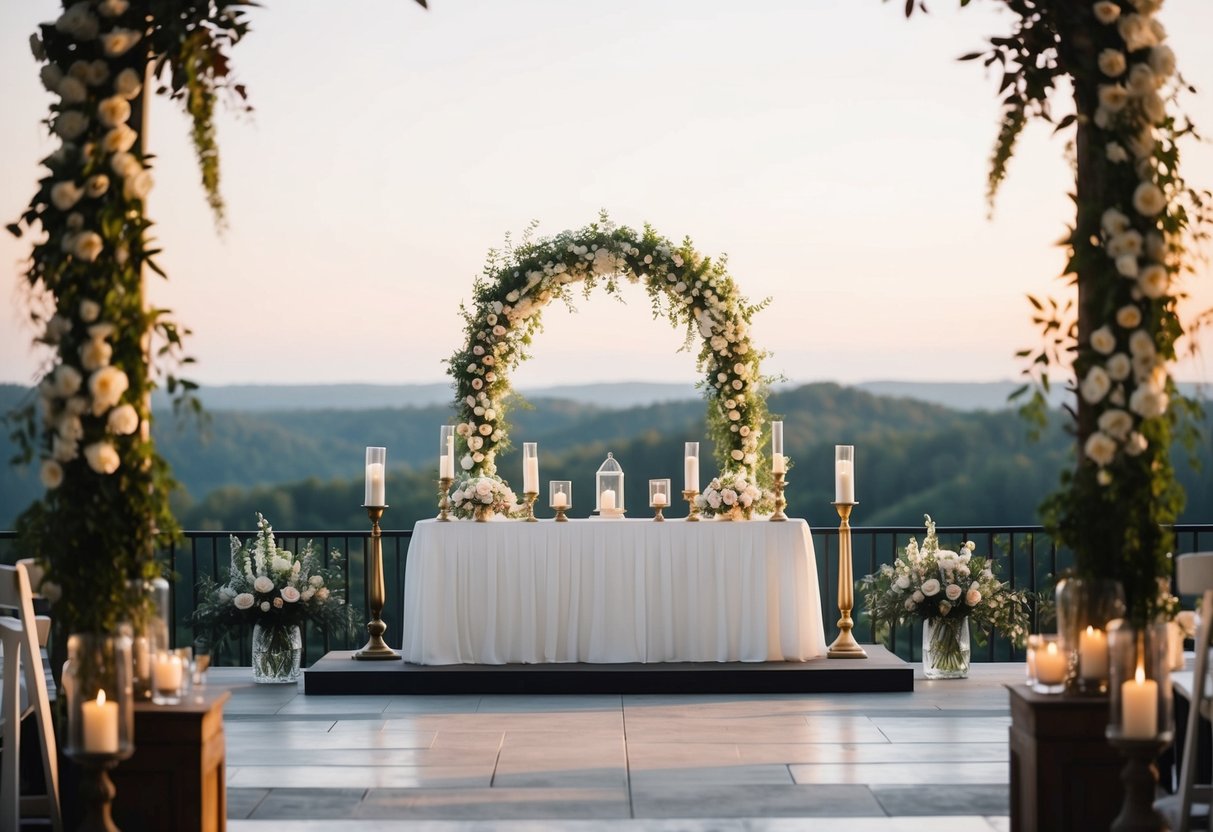 A decorative wedding altar with flowers and candles, set against a scenic outdoor backdrop