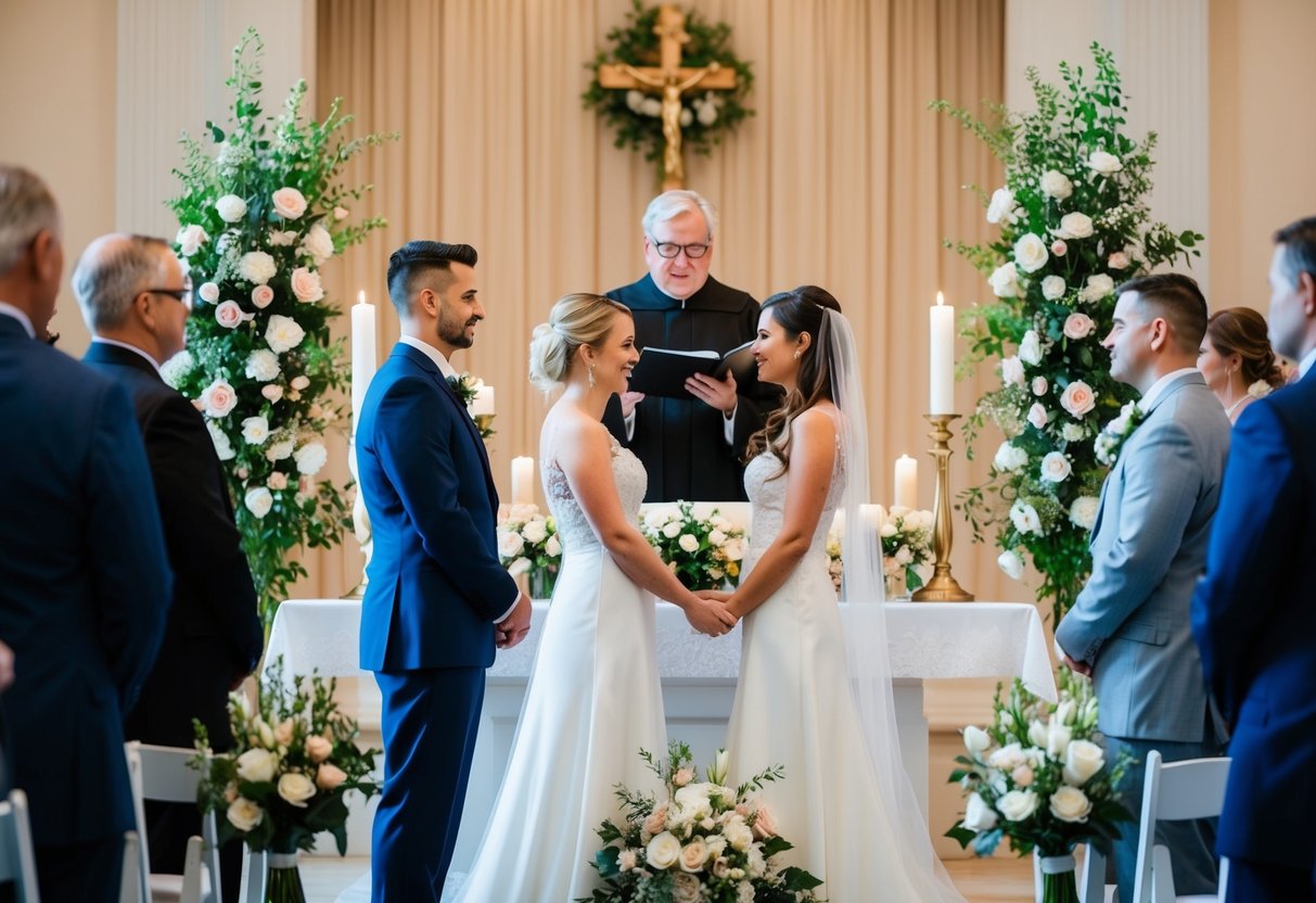 A couple stands at the altar, surrounded by flowers and candles. The officiant speaks solemnly, setting the tone for the wedding ceremony