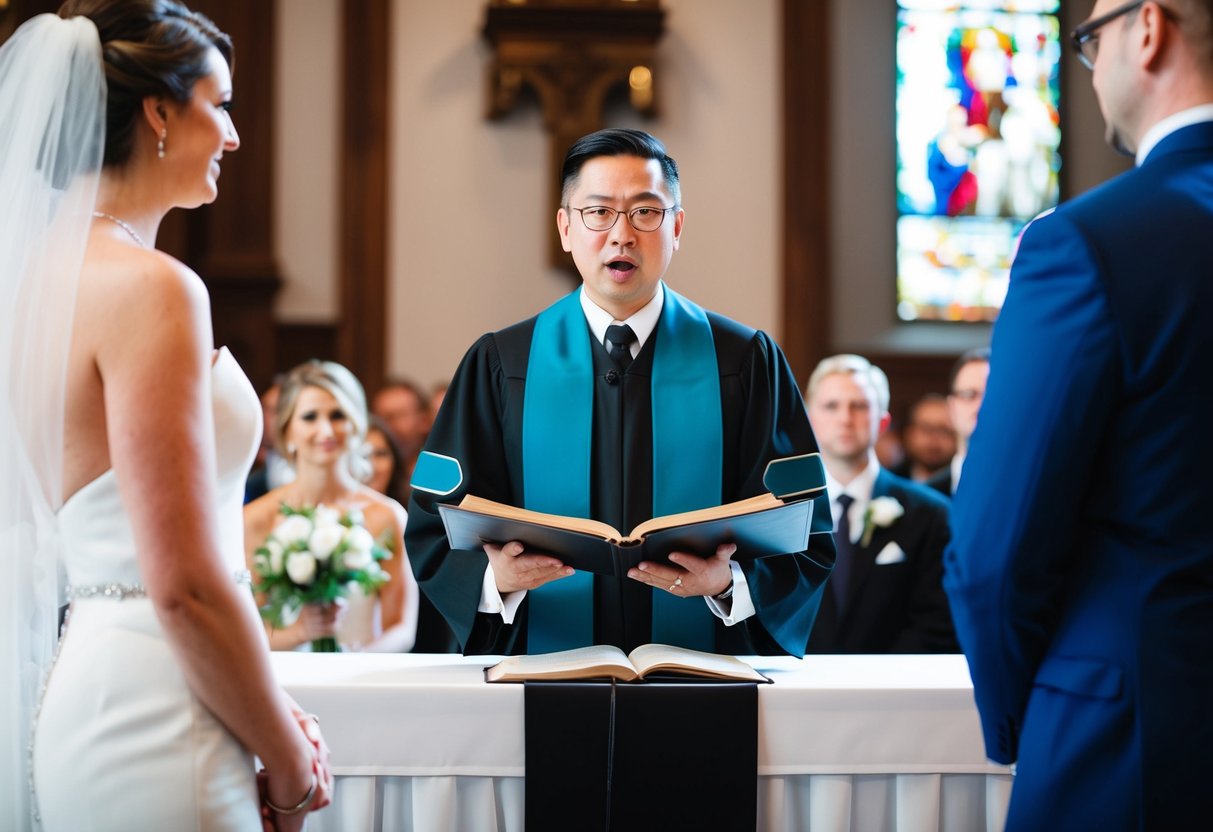 A wedding officiant stands at the altar, facing the couple. A book or scroll is open before them, and they begin speaking the opening words for the marriage ceremony