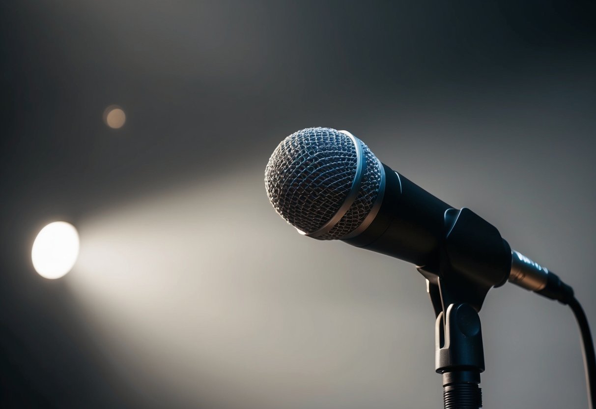 A spotlight shining on a single microphone standing on an empty stage