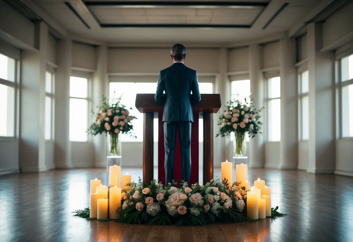 A figure stands at a podium, surrounded by flowers and candles, facing an empty room