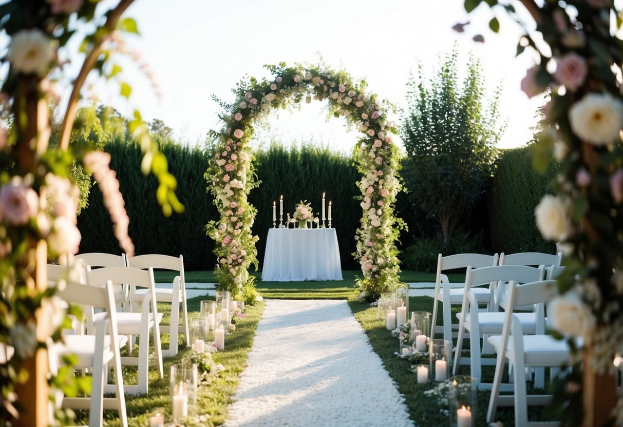 A floral archway frames a sunlit garden path, leading to a serene outdoor altar adorned with delicate lace and soft candlelight