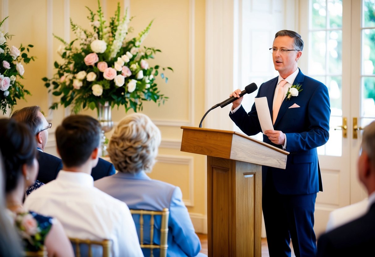 A person standing at a podium, holding a piece of paper and speaking to an audience. The room is decorated for a wedding, with flowers and elegant decor