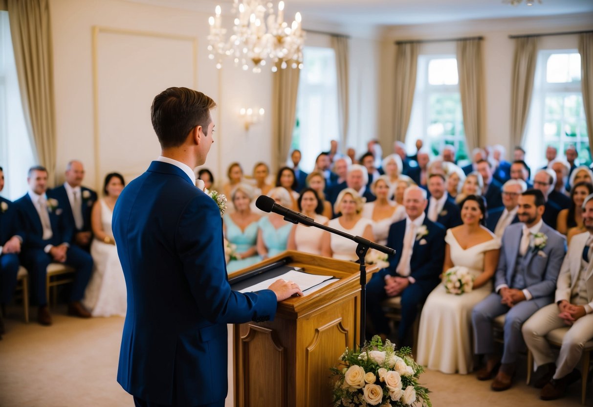 A person standing at a podium, facing a crowd of wedding guests, with a microphone in front of them. The room is elegantly decorated with flowers and candles