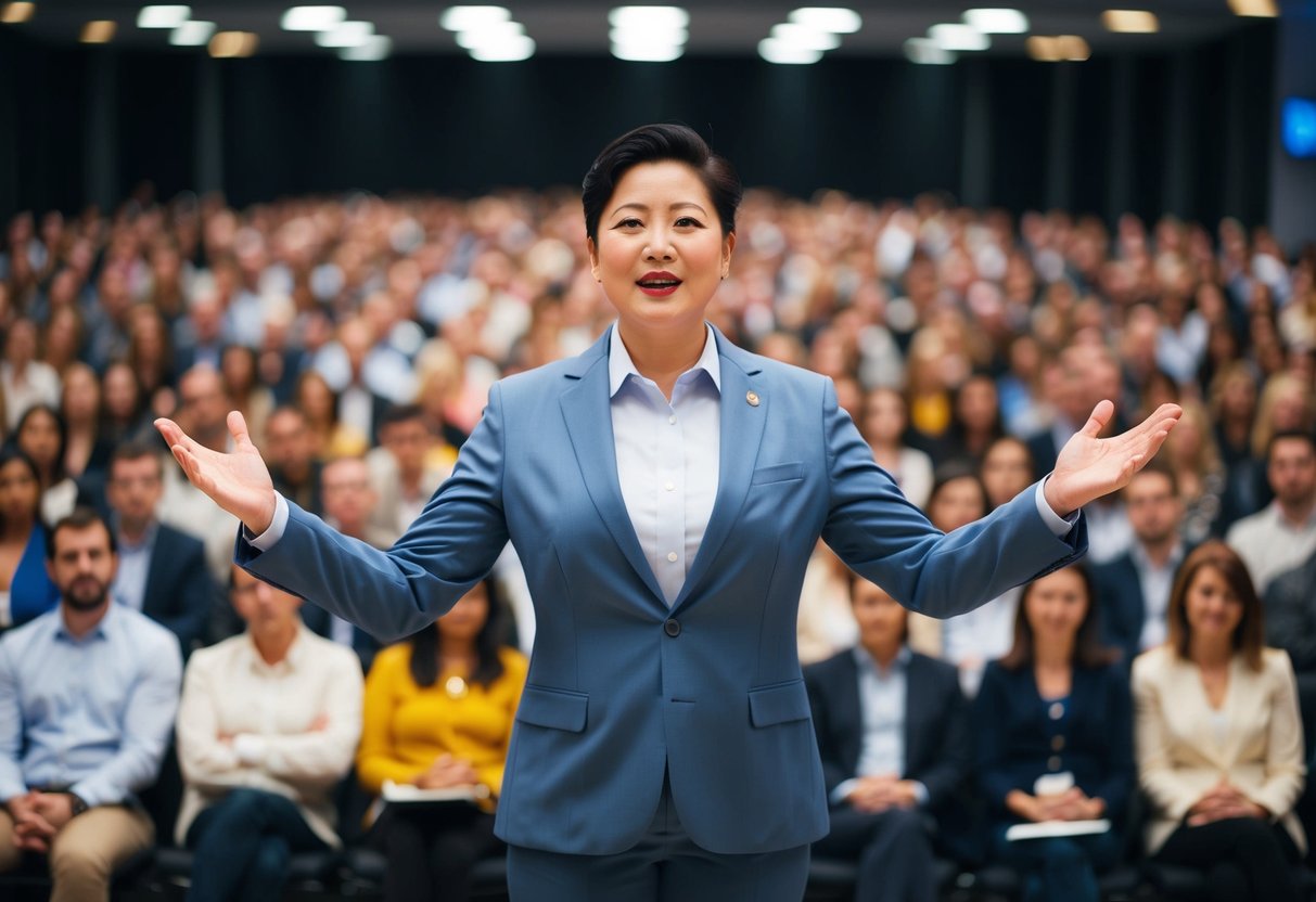 A person standing in front of a large audience, confidently addressing them with a clear and engaging opening statement