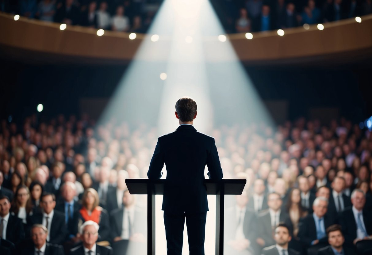 A figure standing at a podium, with a spotlight shining down, looking out at a sea of faces in a dimly lit auditorium