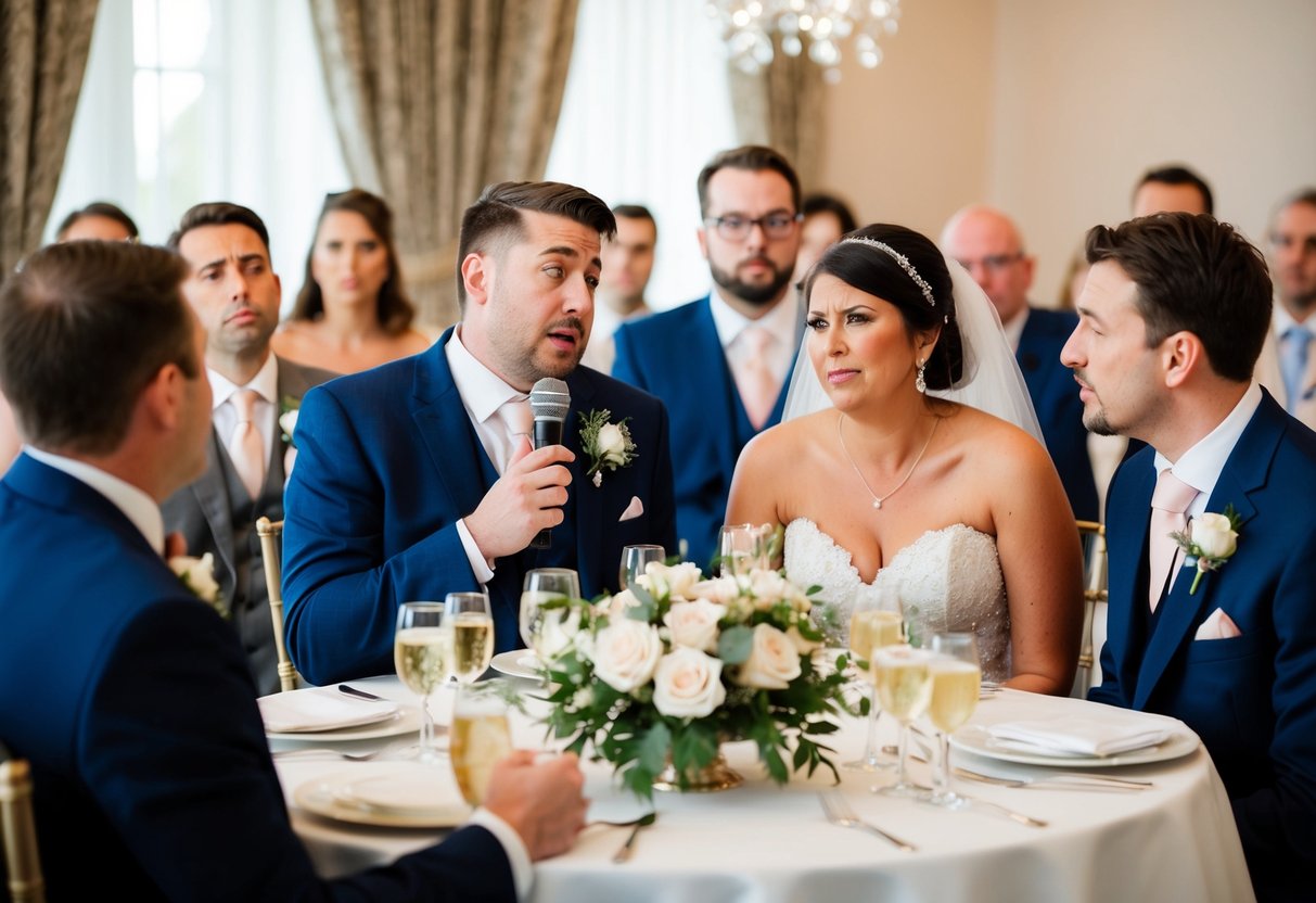 Guests cringe as a speaker stumbles through an awkward wedding toast, causing the bride and groom to exchange uncomfortable glances