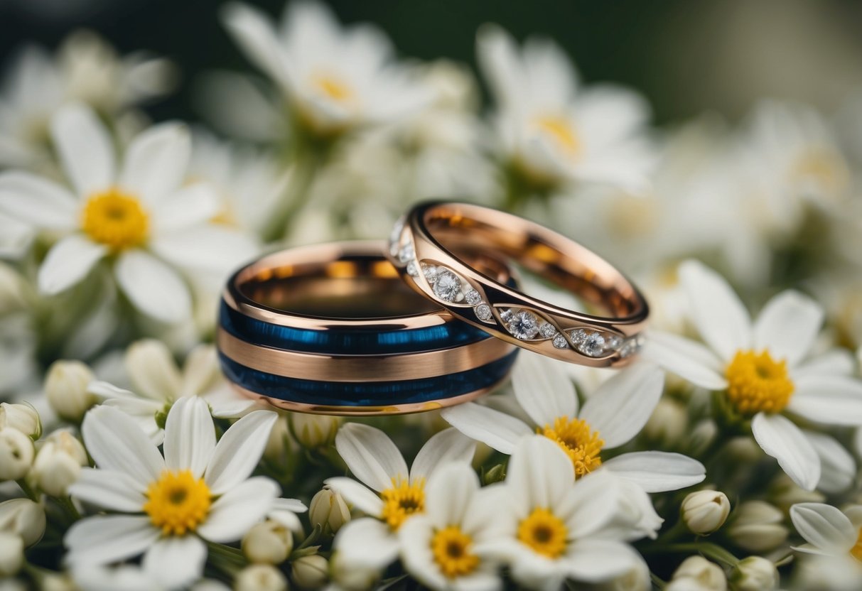 A pair of intertwined wedding rings resting on a bed of delicate white flowers