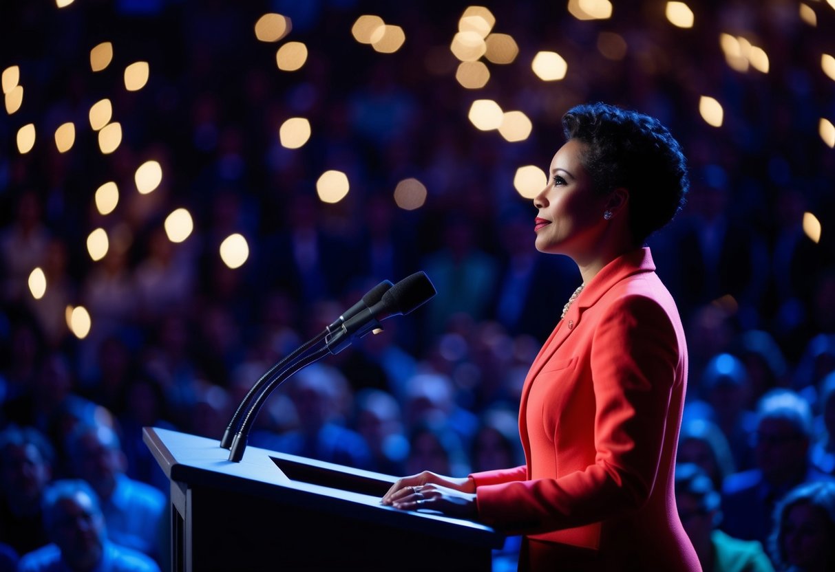 A figure standing at a podium, gazing out at a captivated audience, with a confident and inspiring expression