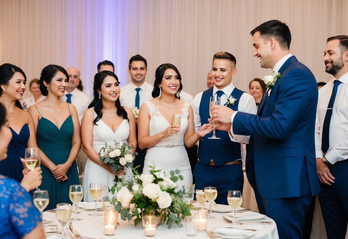 A group of people at a wedding reception, with one person standing to give a toast while others watch and listen attentively