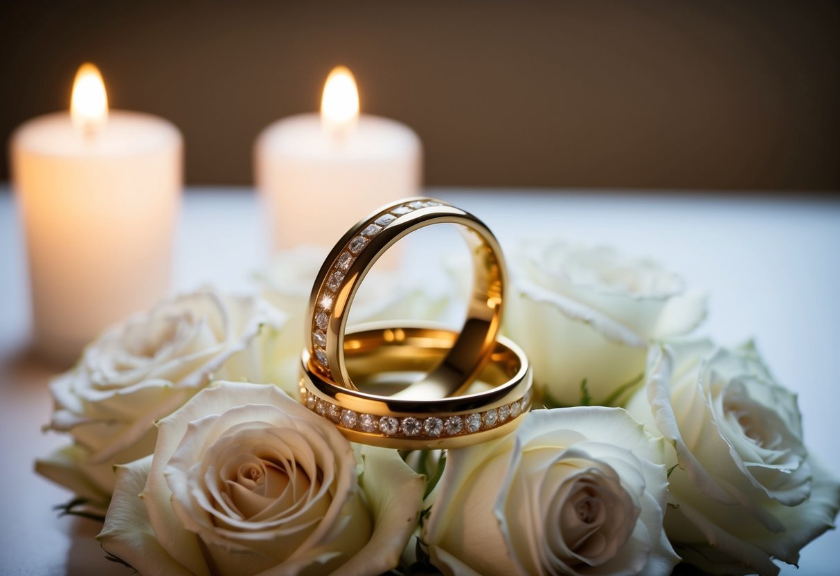 A pair of intertwined golden wedding rings resting on a bed of delicate white roses, surrounded by soft candlelight