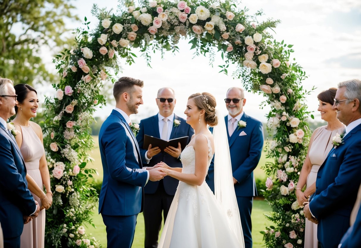 A bride and groom standing beneath a floral archway, surrounded by friends and family, exchanging vows