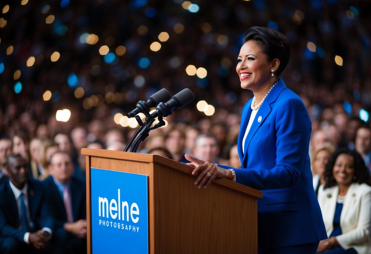 A person standing at a podium, addressing a crowd with a welcoming smile