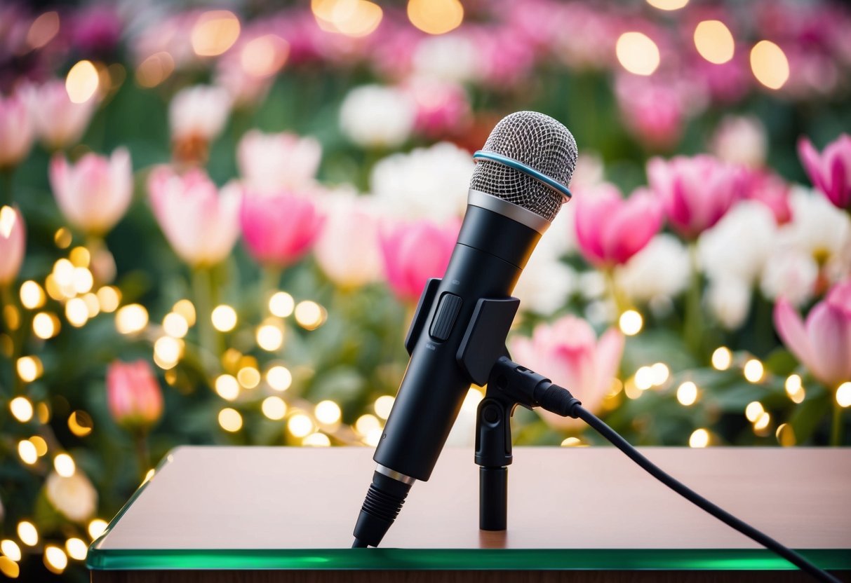 A microphone on a podium, surrounded by blooming flowers and twinkling lights