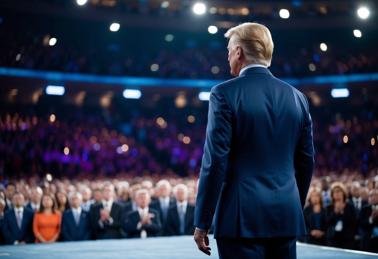 A figure standing on a grand stage, gazing out at an expectant audience, poised to deliver an impactful opening speech