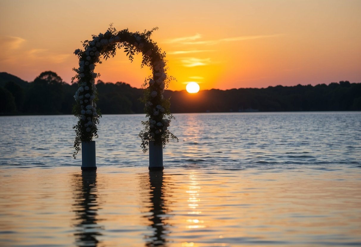 A romantic sunset over a serene lake, with a flower-adorned archway in the background