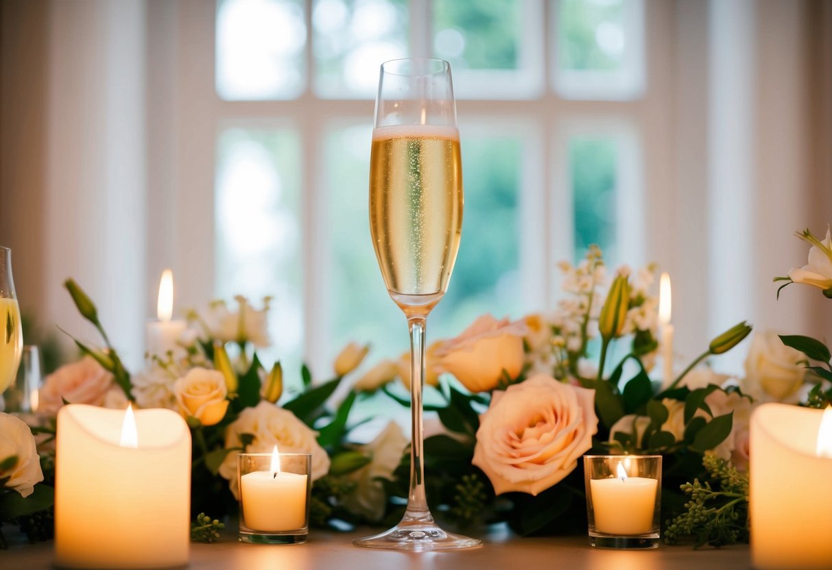 A champagne glass raised in celebration, surrounded by elegant floral arrangements and soft candlelight