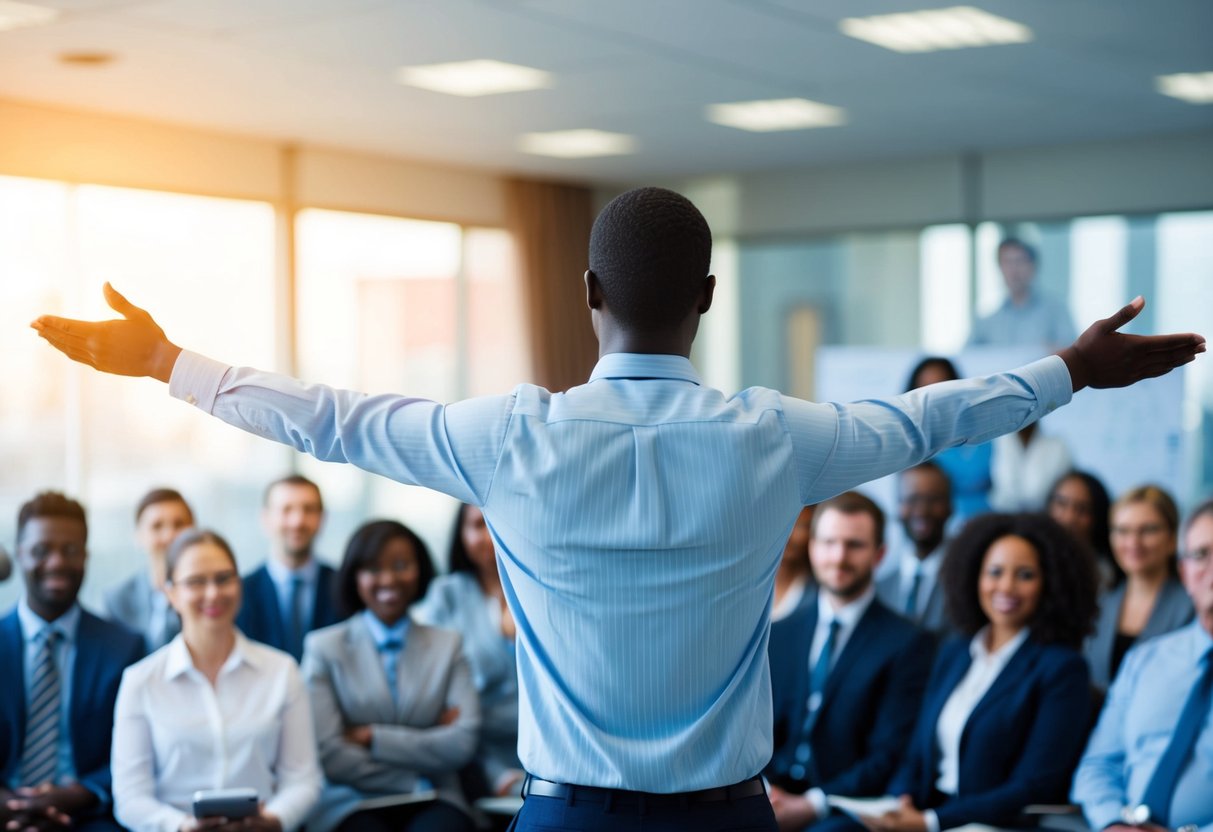 A figure standing confidently with arms open, facing a diverse audience. The setting is a professional environment with visual aids
