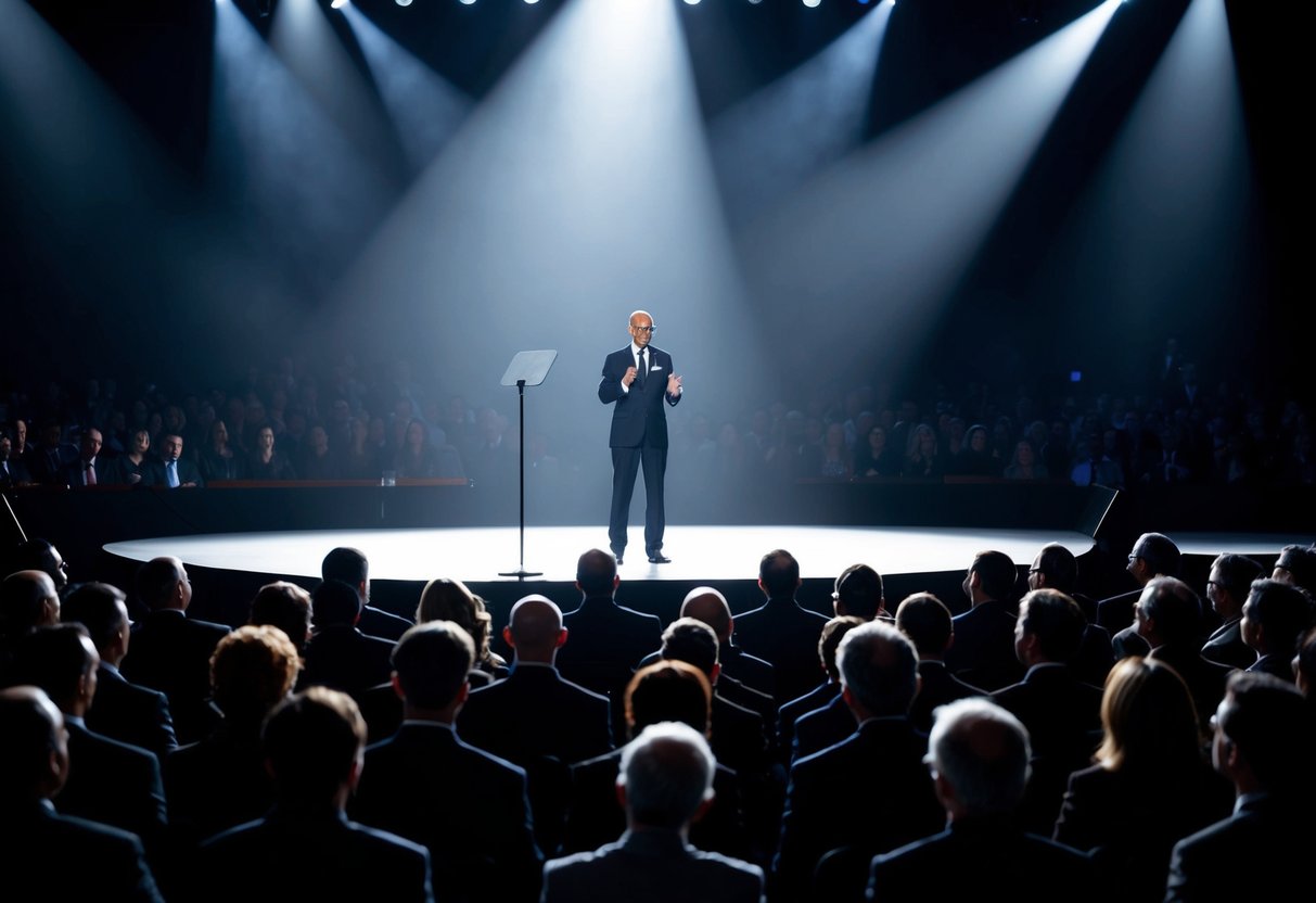 A lone figure stands on a stage, surrounded by a hushed audience. The spotlight shines down, casting dramatic shadows as the figure prepares to deliver an impactful opening speech